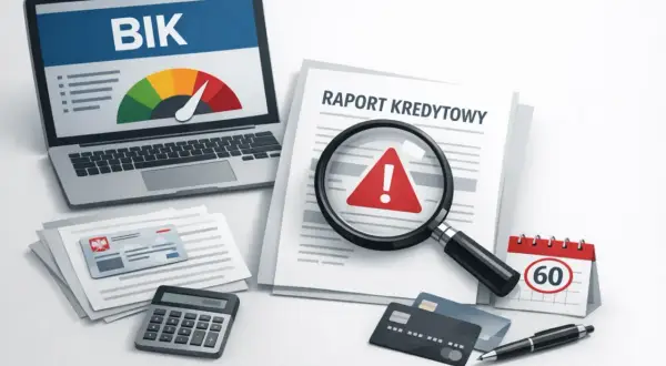 Jak wygląda raport BIK? Na ekranie laptopa wskaźnik BIK, pod lupą dokument "Raport Kredytowy" z ostrzeżeniem.