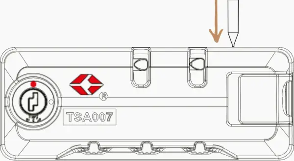 Schemat blokady TSA na walizce Samsonite. Strzałka wskazuje miejsce, gdzie należy włożyć klucz, aby otworzyć walizkę.