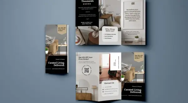 A trifold template for Haven & Home, showcasing furniture and home decor. Offers 15% off first orders and highlights community benefits.