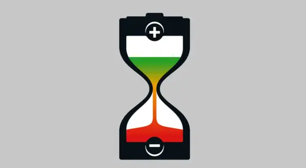 Bateria w kształcie klepsydry pokazuje, jak długo ładować akumulator. Kolory od zielonego do czerwonego symbolizują poziom naładowania.