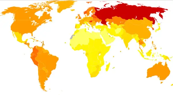 Mapa świata pokazująca spożycie alkoholu na świecie. Ciemniejsze kolory oznaczają wyższe spożycie.