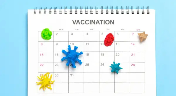 Kolorowe modele wirusów na kalendarzu z napisem VACCINATION.