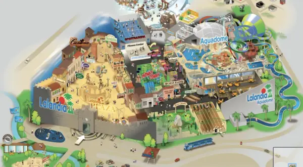 Mapa Lalandia Billund: park wodny Aquadome, Winter World, Sportarena, Monkey Tonky, Lalandia Plaza i wiele innych atrakcji.