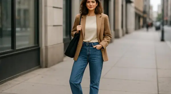 Kobieta w beżowym płaszczu i jeansach, prezentująca casual style. Torba na ramieniu i sneakersy dopełniają stylizację.