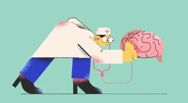 Stylizowany psycholog w białym kitlu bada mózg stetoskopem. Jego praca to troska o umysł.