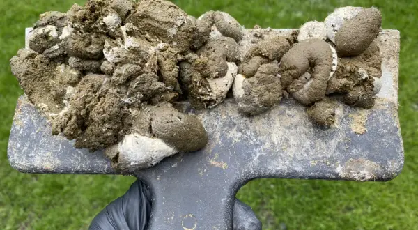 Ein Handschuh hält eine Schaufel mit Hühnerkot. Der Kot ist feucht und hat eine gelbliche Farbe, gemischt mit weißem Material.