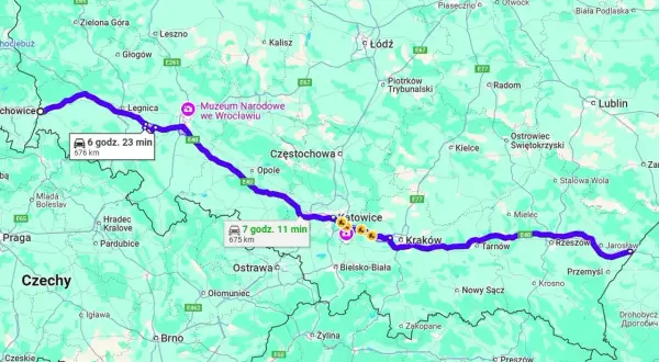 Trasa przez Polskę, od zachodu na wschód, pokazuje najdłuższą autostradę w Polsce. Widoczne miasta to Wrocław, Katowice, Kraków, Rzeszów.