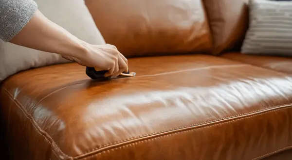 Hand reinigt ein braunes Ledersofa mit einem speziellen Werkzeug, um es wieder wie neu aussehen zu lassen.