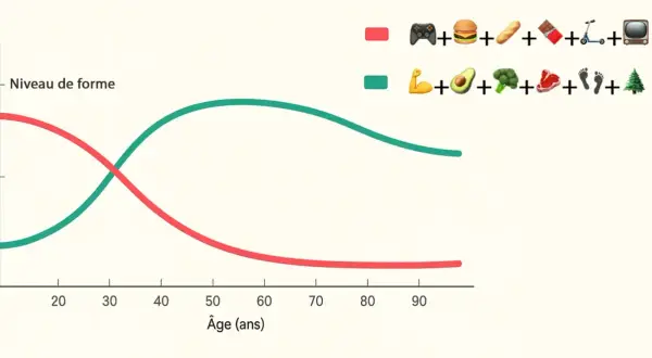 Courbes montrant le niveau de forme : une déclinante (junk food, sédentarité) et une ascendante (sport, alimentation saine), illustrant le fractionné après 60 ans.