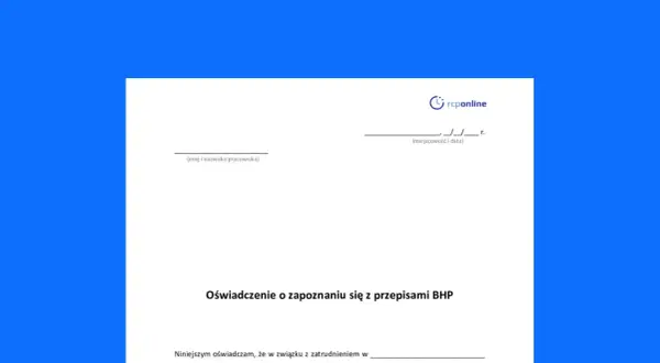 Formularz "Oświadczenie o zapoznaniu się z przepisami BHP" od rcponline. Dowiedz się, jak napisać oświadczenie.