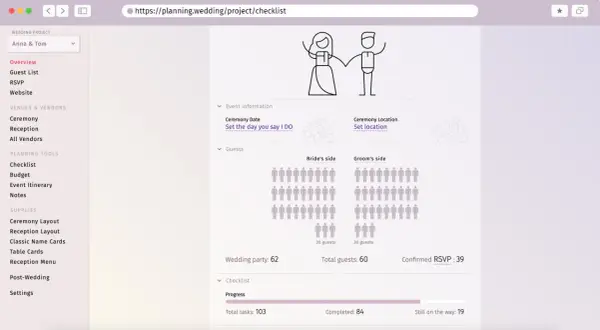 Strona z narzędziami do planowania ślubu. Widoczna jest lista zadań organizacja wesela, postęp prac i liczba gości.