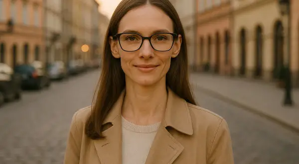 Kobieta w okularach i beżowym płaszczu stoi na ulicy.