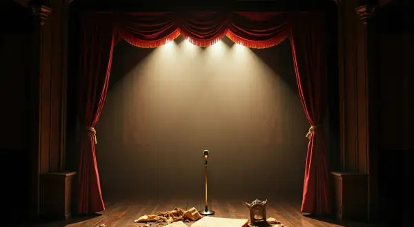 Scena teatralna z mikrofonem i rozrzuconymi kartkami, gotowa na skecze kabaretu moralnego niepokoju.