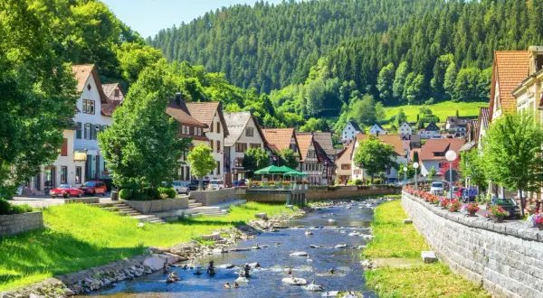 Idyllisches Dorf mit Fachwerkhäusern und einem Bach, perfekt für einen Urlaub ohne Auto.
