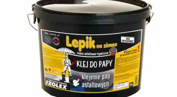 Czarny kubeł z masą asfaltowo-żywiczna "Lepik na zimno". Klej do papy, idealny do klejenia pap asfaltowych, nawet na wilgotne podłoże.