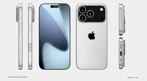 Render iPhone'a 17 Pro w kolorze srebrnym, pokazujący jego design z każdej strony. Kiedy premiera?