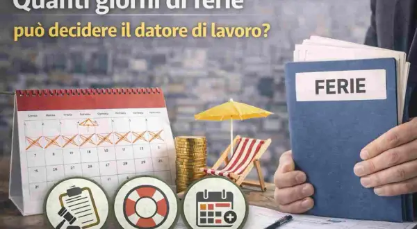 Calendario con giorni segnati, fascicolo "FERIE", salvagente e icone legali: tutto per le ferie e le categorie protette.