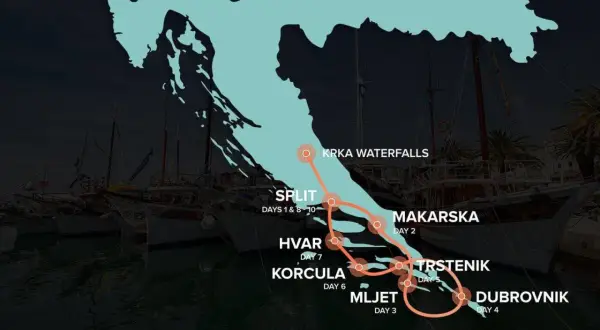 Route einer Kroatien Rundreise 10 Tage: Split, Krka Wasserfälle, Makarska, Trstenik, Mljet, Dubrovnik, Korcula, Hvar.