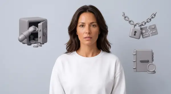 Une femme regarde l'objectif, entourée d'une main retirant des pièces d'un coffre-fort, d'une chaîne brisée avec un cadenas et des cartes de crédit, et d'un livre de comptes. Les frais sur satd sont évidents.