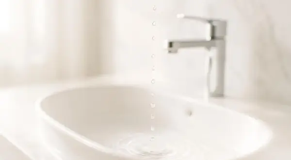 Gocce d'acqua cadono in un lavandino bianco, creando cerchi concentrici. Il rubinetto cromato è sfocato sullo sfondo. La doccia calda abbassa la pressione.