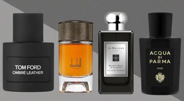 Cztery flakony perfum: Tom Ford Ombré Leather, Dunhill, Jo Malone i Acqua di Parma.