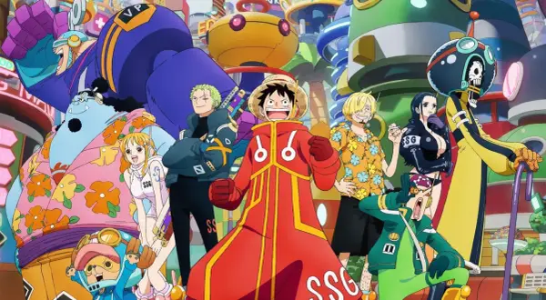 Die Strohhutpiraten in bunten Outfits vor futuristischer Kulisse. Wer fragt sich, wie viele Folgen One Piece hat, wird hier fündig!