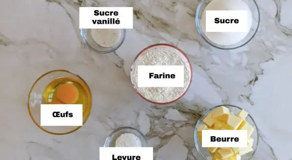 Ingrédients pour une délicieuse pâte sablée : farine, sucre, beurre, œufs, levure et sucre vanillé.