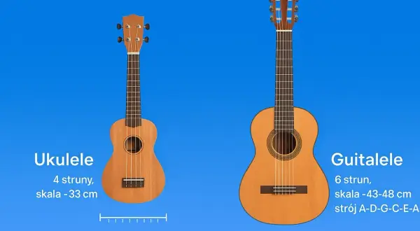 Ukulele i guitalele, dwie małe gitary, porównane pod względem rozmiaru i liczby strun.