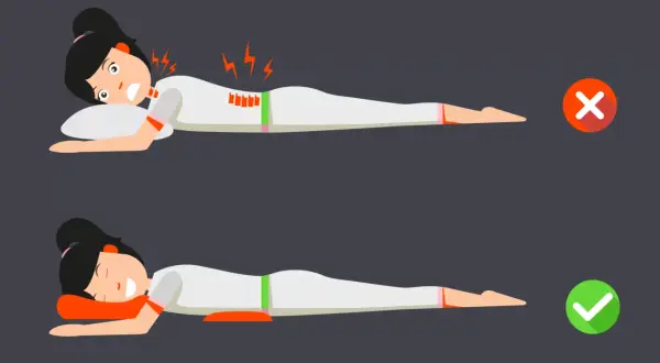 Top image shows pain from sleeping on your stomach. Bottom image shows proper posture with a pillow under hips, avoiding pain.