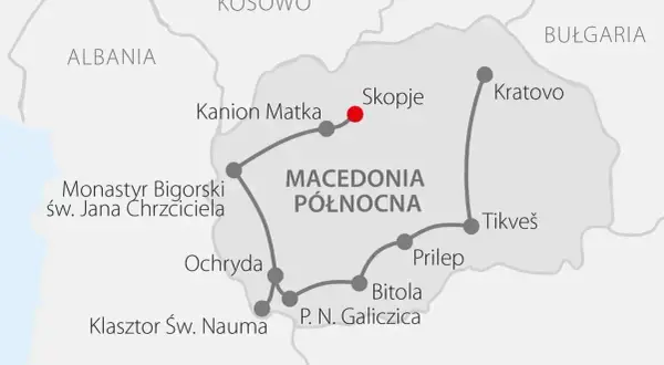 Mapa turystyczna Macedonii Północnej z zaznaczonymi atrakcjami: Skopje, Ochryda, Kanion Matka. Trasa obejmuje też inne miejsca w tym kraju.
