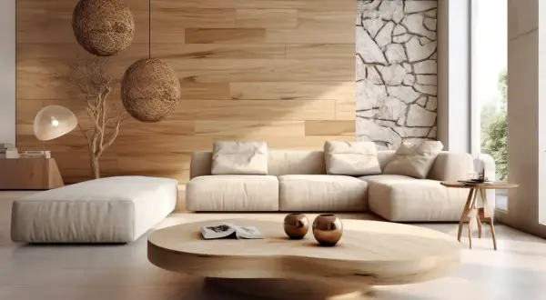 Nowoczesny salon z sofą i stolikiem kawowym. Drewno na ścianie w salonie aranżacje tworzy ciepłą atmosferę.