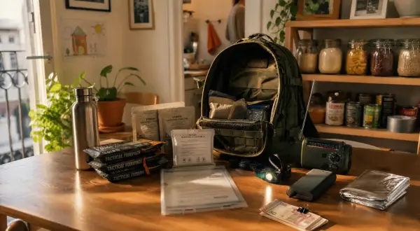 Mochila con comida, botella, linterna, radio y dinero. Preparativos para aplicar técnicas de supervivencia.