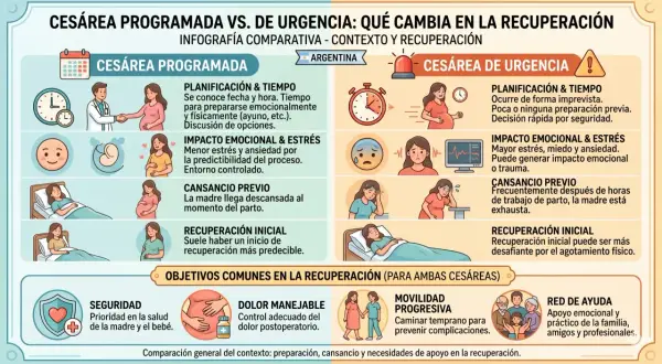 Infografía compara cesárea programada y de urgencia, destacando planificación, impacto emocional y recuperación. La cesárea programada ofrece más preparación.