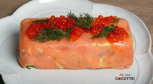 Une délicieuse terrine de saumon, garnie de perles rouges et d'aneth frais, prête à être dégustée.
