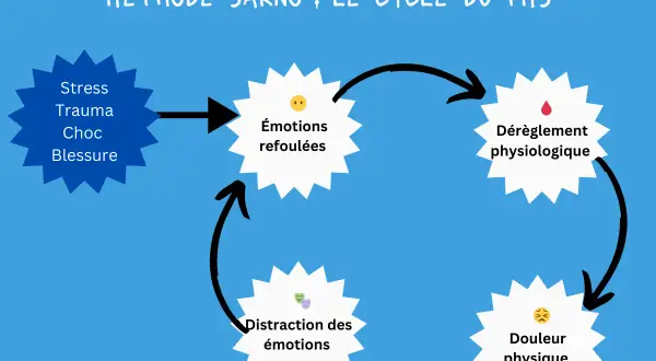 Schéma du cycle TMS : Stress, émotions refoulées, dérèglement physiologique, douleur physique, distraction des émotions. Une approche pour une meilleure hygiène de vie.