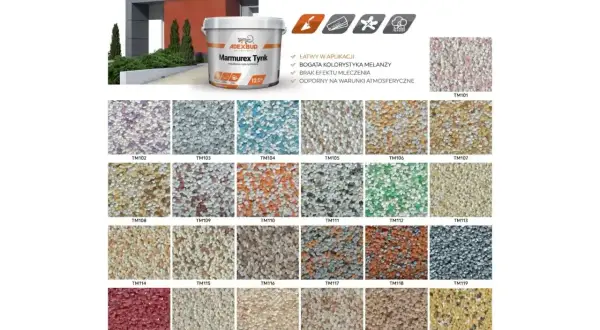 Wydajność tynku mozaikowego 25 kg na ok. 3-4 m². Wzornik kolorów Marmurex Tynk Adexbud.
