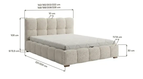 Wymiary łóżka: wysokość 105 cm, szerokość 162-228 cm, długość łóżka 221-224 cm. Grubość materaca 11-14 cm.