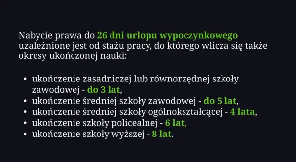 Prawo do 26 dni urlopu zależy od stażu pracy i ukończonej nauki. Np. ukończenie szkoły zawodowej to do 3 lat stażu.