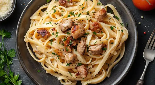 Szybki obiad z makaronem i kawałkami kurczaka, posypany natką pietruszki i parmezanem. Idealny na każdy dzień.
