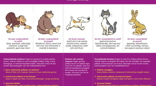Illustraties van dieren die onder- of overprikkeld gedrag tonen, met uitleg over hoe je deze kinderen kunt helpen.