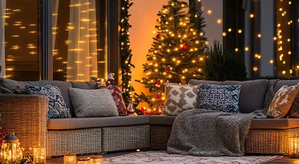 Un angolo accogliente per scoprire come addobbare fuori casa per Natale: divano, albero illuminato, lanterne e luci soffuse creano un'atmosfera magica.