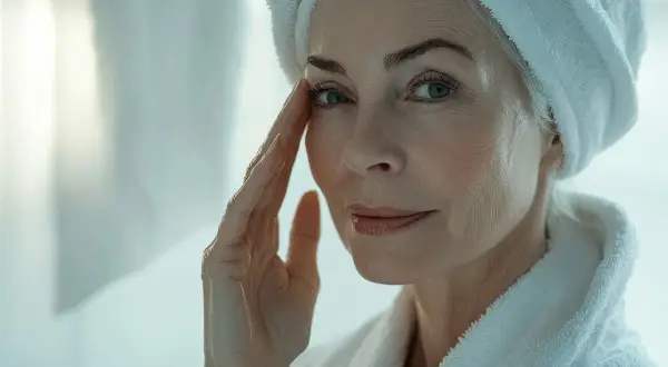 Donna con asciugamano in testa e accappatoio, si tocca il viso. Scopri come struccarsi senza struccante per una pelle radiosa.