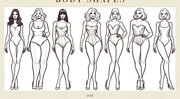 Illustrazione di sette figure femminili stilizzate che mostrano diversi tipi di fisico, con l'obiettivo di aiutare a identificare la propria forma corporea.