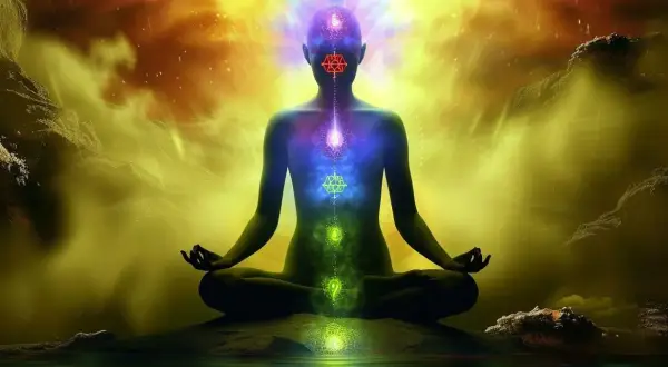 Sylwetka w pozie medytacyjnej, z rozświetlonymi czakrami i energią kundalini unoszącą się ku górze.