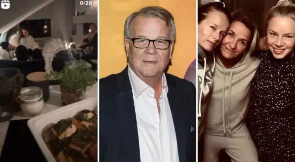 En bild med tre delar: en mysig hemmakväll, en man i kostym och tre leende kvinnor. Kanske en bild på maria berghagen enander med vänner?