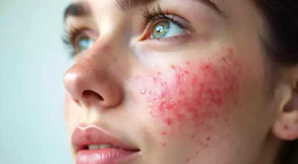 Gros plan sur le visage d'une jeune femme aux yeux verts, montrant une rougeur et des boutons sur la joue. Des conseils pour comment soigner une irritation cutanée sont recherchés.