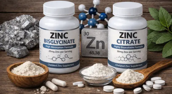 Zwei Zinkpräparate, Zink Bisglycinat und Zinkcitrat, mit Pulver und Pillen. Die zinkcitrat wirkung wird durch die hohe Bioverfügbarkeit betont.