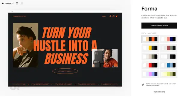 Forma Collective's website template, a great option for the best website for musicians, features bold text and modern imagery.