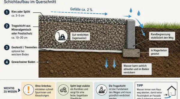 Querschnitt eines Kieswegs: Schichtenaufbau für ein stabiles Kiesweg anlegen. Kies, Tragschicht, Geotextil und Boden sind verdichtet.