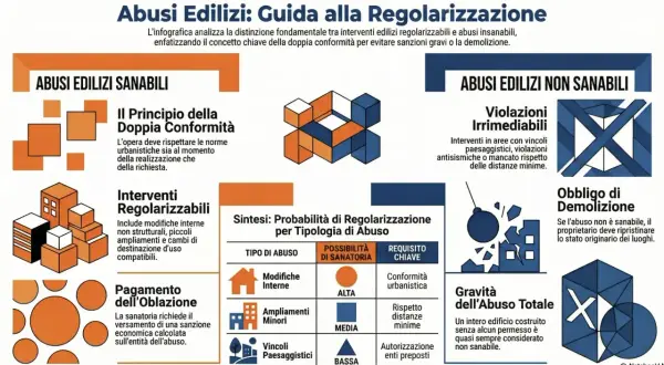 Infografica su abusi edilizi: distingue tra sanabili e non sanabili, evidenziando violazioni irrimediabili e l'obbligo di demolizione per **abusi edilizi non sanabili**.